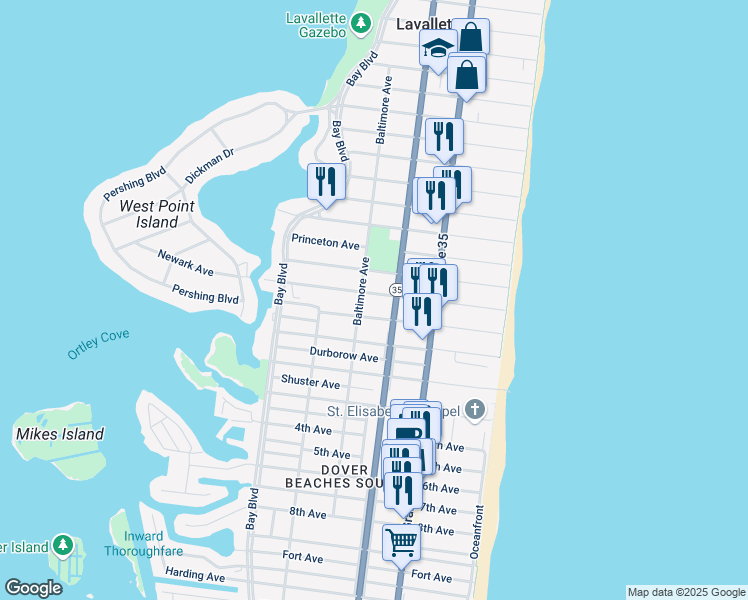 map of restaurants, bars, coffee shops, grocery stores, and more near 120 Newark Avenue in Lavallette