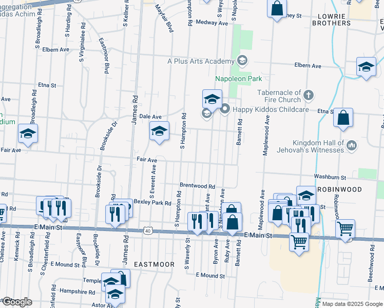 map of restaurants, bars, coffee shops, grocery stores, and more near 517 South Waverly Street in Columbus