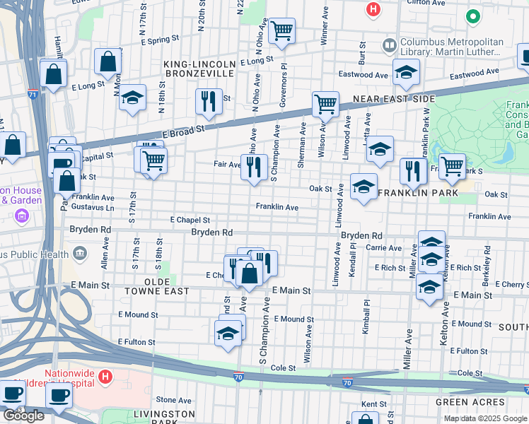 map of restaurants, bars, coffee shops, grocery stores, and more near 1139 Franklin Avenue in Columbus