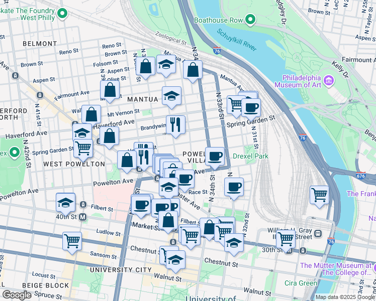 map of restaurants, bars, coffee shops, grocery stores, and more near 3503 Baring Street in Philadelphia