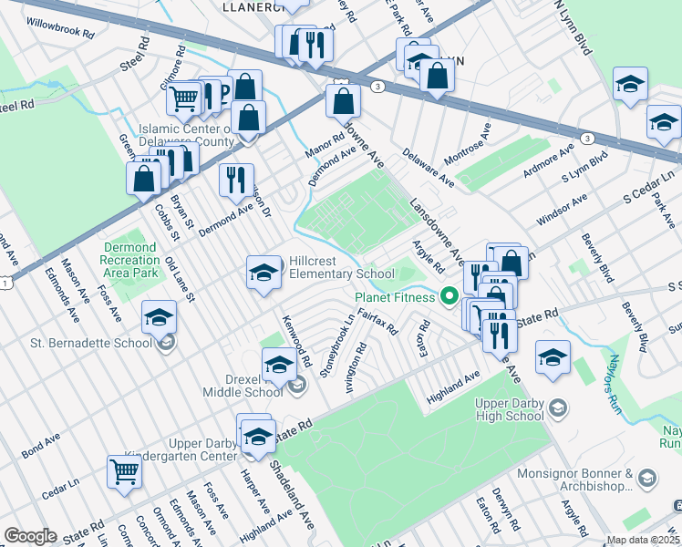 map of restaurants, bars, coffee shops, grocery stores, and more near 2415 Bond Avenue in Drexel Hill