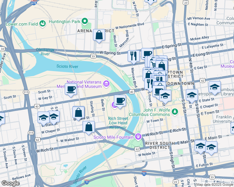 map of restaurants, bars, coffee shops, grocery stores, and more near W Broad St & Washington Blvd in Columbus