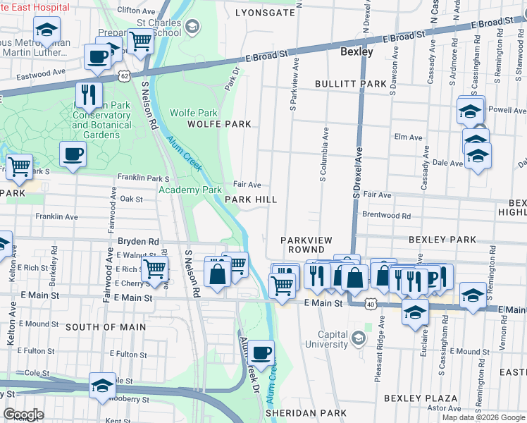 map of restaurants, bars, coffee shops, grocery stores, and more near 2111 Park Hill Drive in Columbus