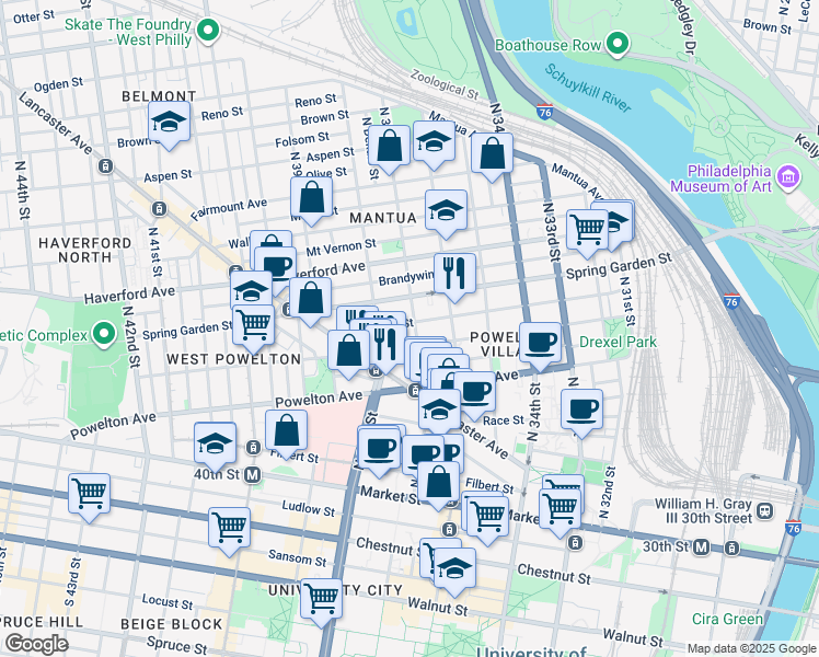 map of restaurants, bars, coffee shops, grocery stores, and more near 3702 Hamilton Street in Philadelphia