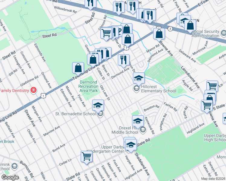 map of restaurants, bars, coffee shops, grocery stores, and more near 1111 Cobbs Street in Drexel Hill