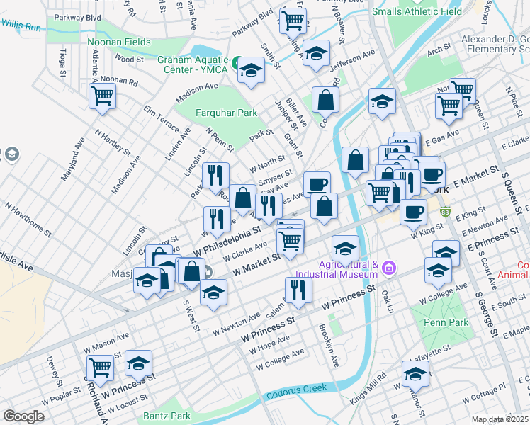 map of restaurants, bars, coffee shops, grocery stores, and more near 120 North Penn Street in York