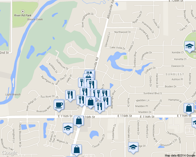 map of restaurants, bars, coffee shops, grocery stores, and more near 11965 Allisonville Road in Fishers