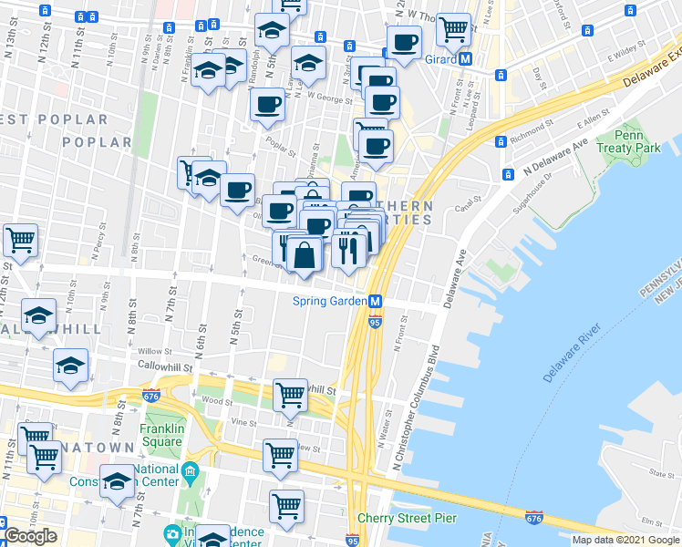 map of restaurants, bars, coffee shops, grocery stores, and more near 603 North American Street in Philadelphia