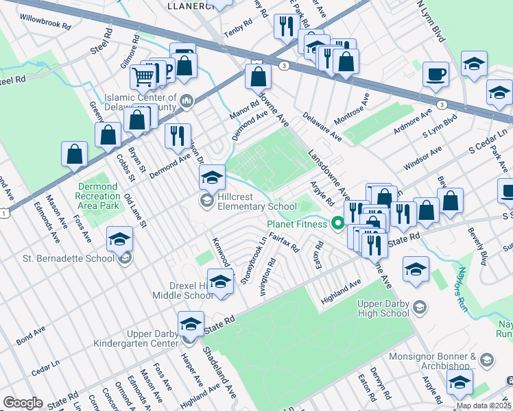 map of restaurants, bars, coffee shops, grocery stores, and more near 2415 Bond Avenue in Drexel Hill