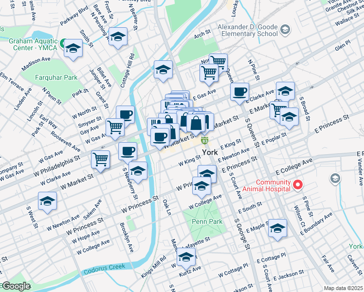 map of restaurants, bars, coffee shops, grocery stores, and more near 80 West Market Street in York