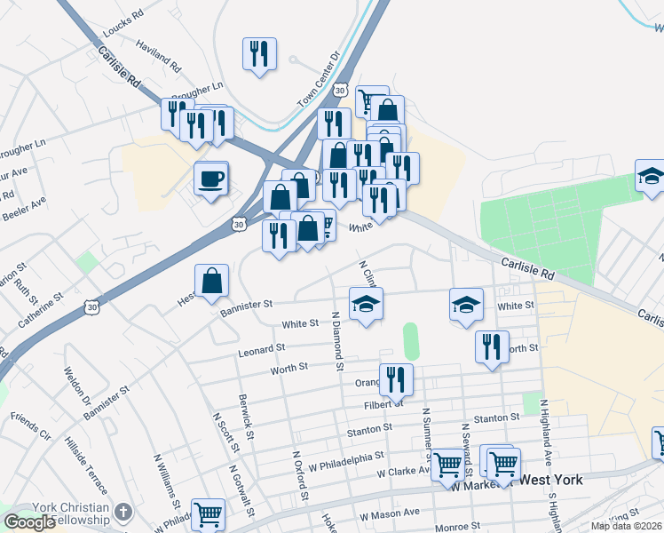 map of restaurants, bars, coffee shops, grocery stores, and more near 1899 Altland Avenue in York