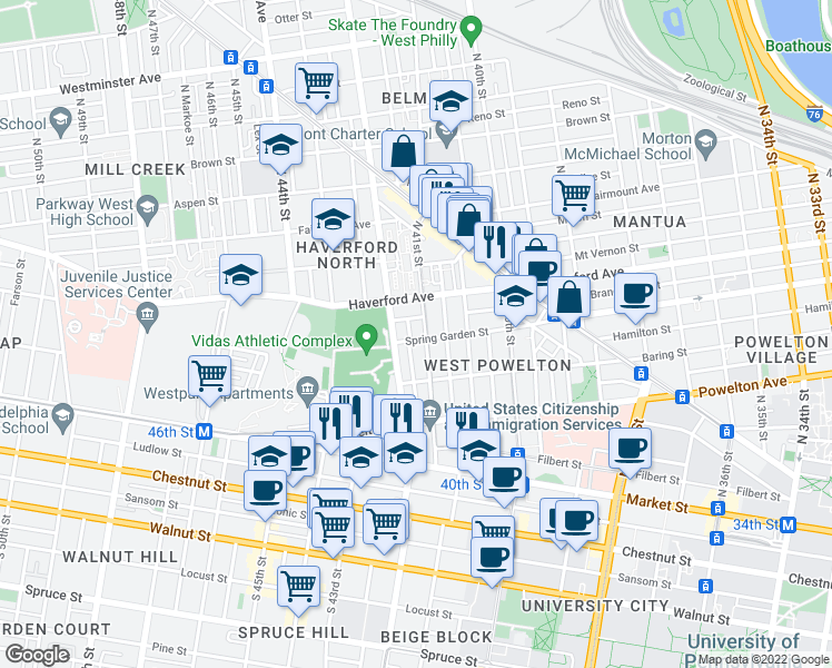map of restaurants, bars, coffee shops, grocery stores, and more near 4107 Spring Garden Street in Philadelphia