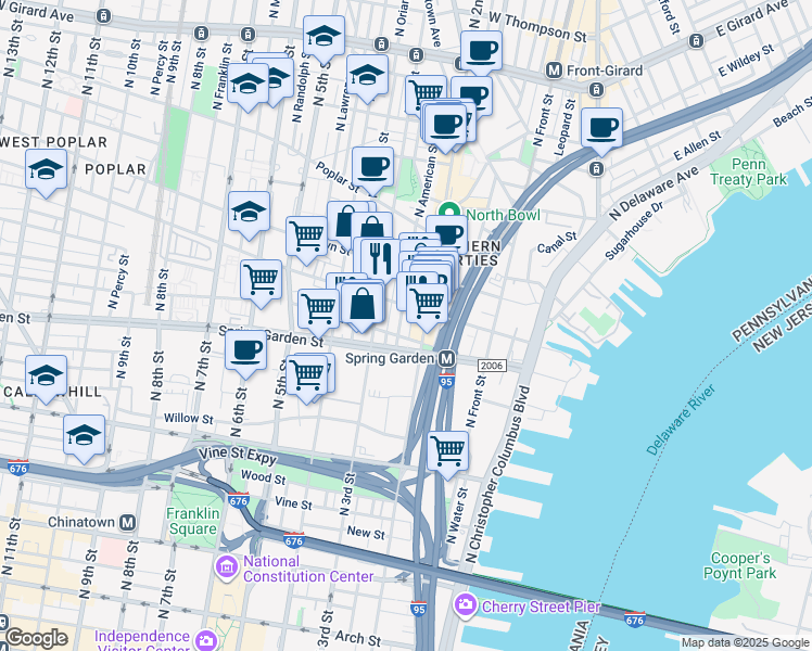 map of restaurants, bars, coffee shops, grocery stores, and more near 603 North American Street in Philadelphia