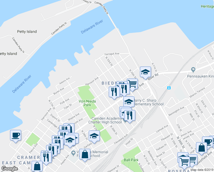 map of restaurants, bars, coffee shops, grocery stores, and more near 1114 Beideman Avenue in Camden