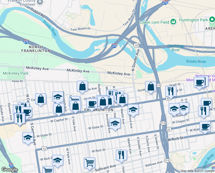 map of restaurants, bars, coffee shops, grocery stores, and more near 118 Meek Avenue in Columbus