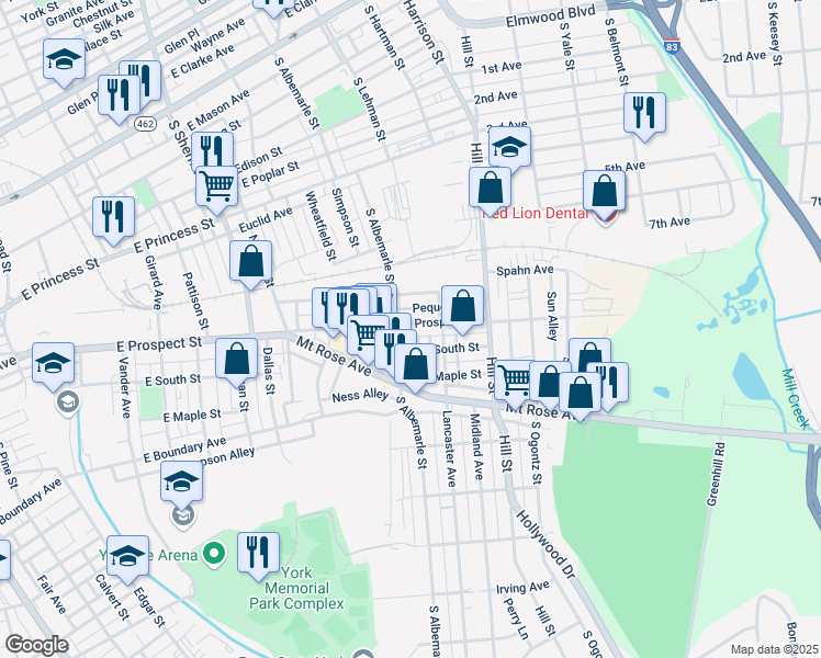 map of restaurants, bars, coffee shops, grocery stores, and more near 1114 E Prospect St in York