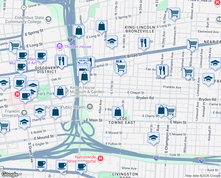 map of restaurants, bars, coffee shops, grocery stores, and more near 142 South Monroe Avenue in Columbus