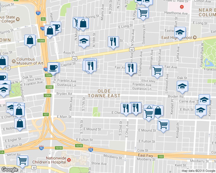 map of restaurants, bars, coffee shops, grocery stores, and more near 180 South 20th Street in Columbus
