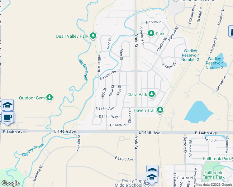 map of restaurants, bars, coffee shops, grocery stores, and more near 14632 Race Street in Thornton