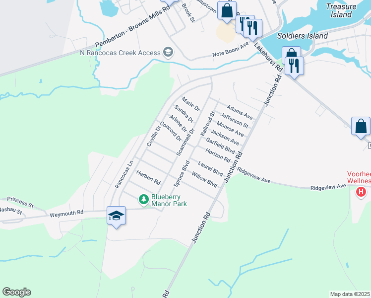 map of restaurants, bars, coffee shops, grocery stores, and more near 103 Scammel Drive in Pemberton Township