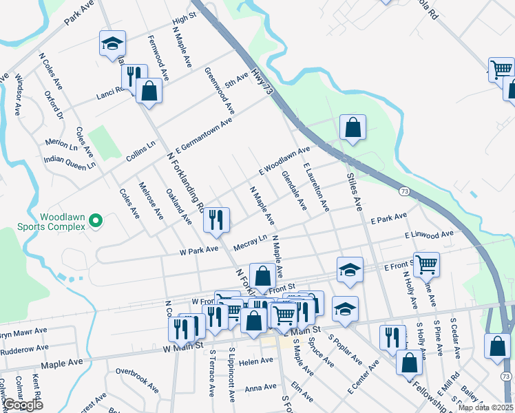 map of restaurants, bars, coffee shops, grocery stores, and more near 500 North Maple Avenue in Maple Shade Township