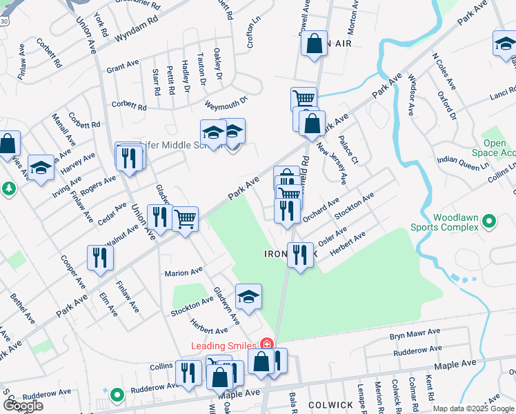 map of restaurants, bars, coffee shops, grocery stores, and more near 8200 Smiley Avenue in Pennsauken Township