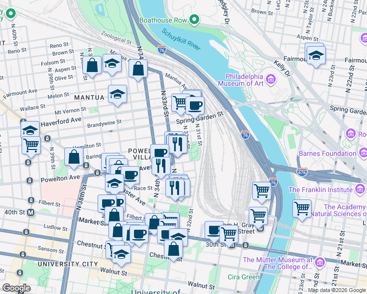 map of restaurants, bars, coffee shops, grocery stores, and more near 3214 Baring Street in Philadelphia
