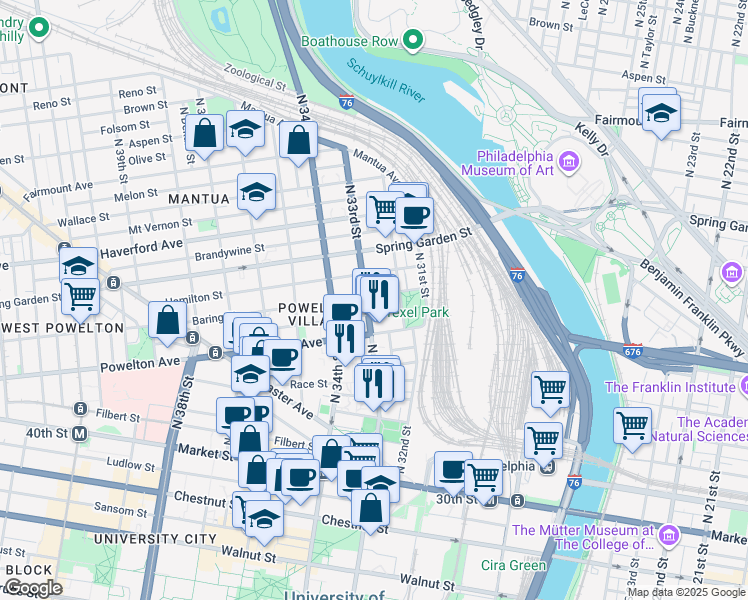 map of restaurants, bars, coffee shops, grocery stores, and more near 3214 Baring Street in Philadelphia
