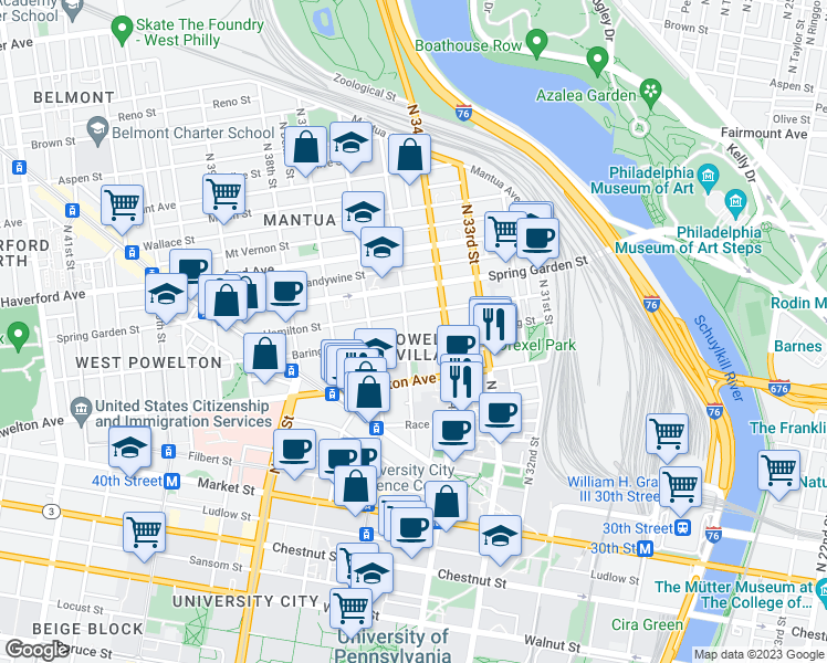 map of restaurants, bars, coffee shops, grocery stores, and more near in Philadelphia