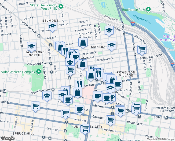 map of restaurants, bars, coffee shops, grocery stores, and more near in Philadelphia