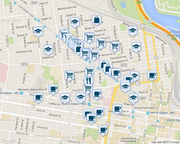 map of restaurants, bars, coffee shops, grocery stores, and more near 428 North 40th Street in Philadelphia