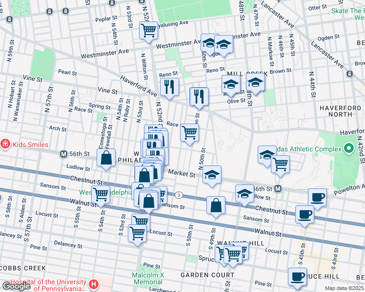 map of restaurants, bars, coffee shops, grocery stores, and more near 5049 Arch Street in Philadelphia