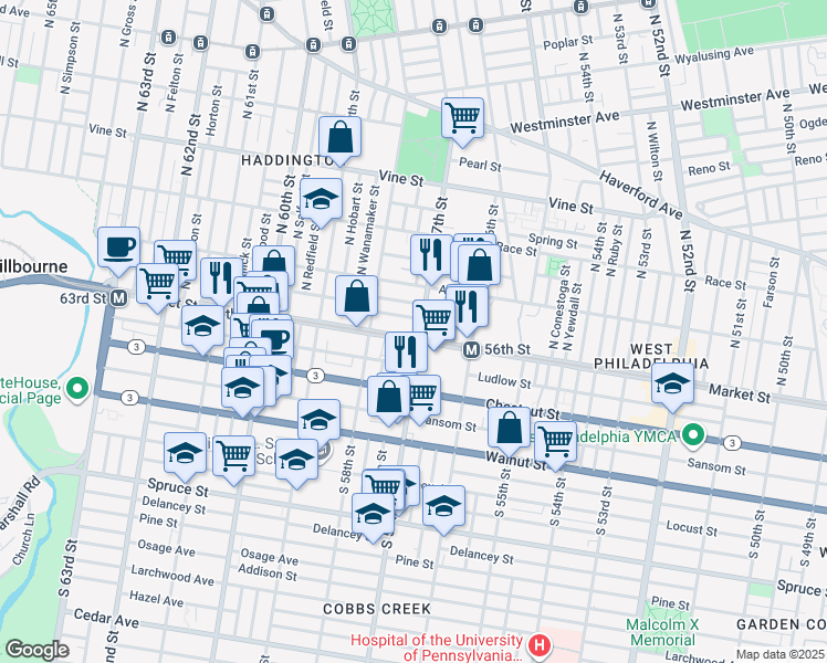 map of restaurants, bars, coffee shops, grocery stores, and more near 5707 Market Street in Philadelphia