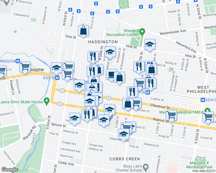 map of restaurants, bars, coffee shops, grocery stores, and more near 5854 Market Street in Philadelphia
