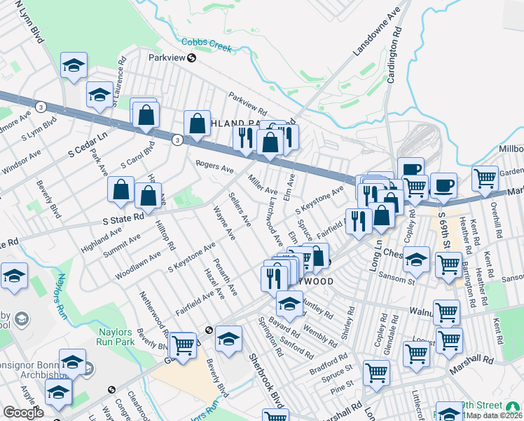 map of restaurants, bars, coffee shops, grocery stores, and more near 209 Berbro Avenue in Delaware County