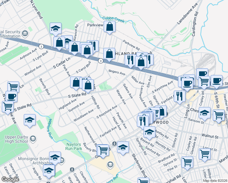 map of restaurants, bars, coffee shops, grocery stores, and more near 7218 Wayne Avenue in Delaware County