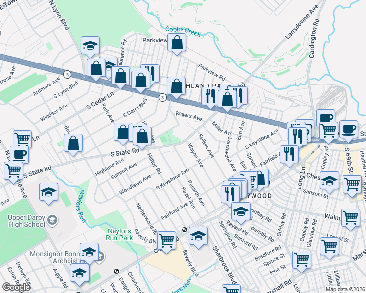 map of restaurants, bars, coffee shops, grocery stores, and more near 7218 Wayne Avenue in Delaware County
