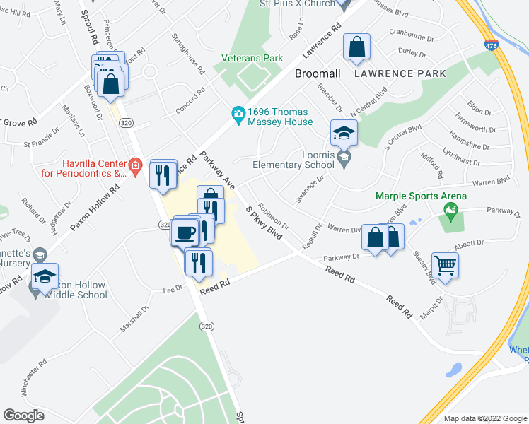 map of restaurants, bars, coffee shops, grocery stores, and more near 329 Robinson Drive in Broomall
