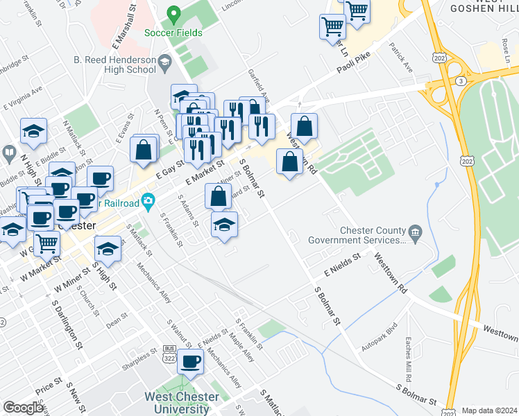 map of restaurants, bars, coffee shops, grocery stores, and more near 225 South Worthington Street in West Chester