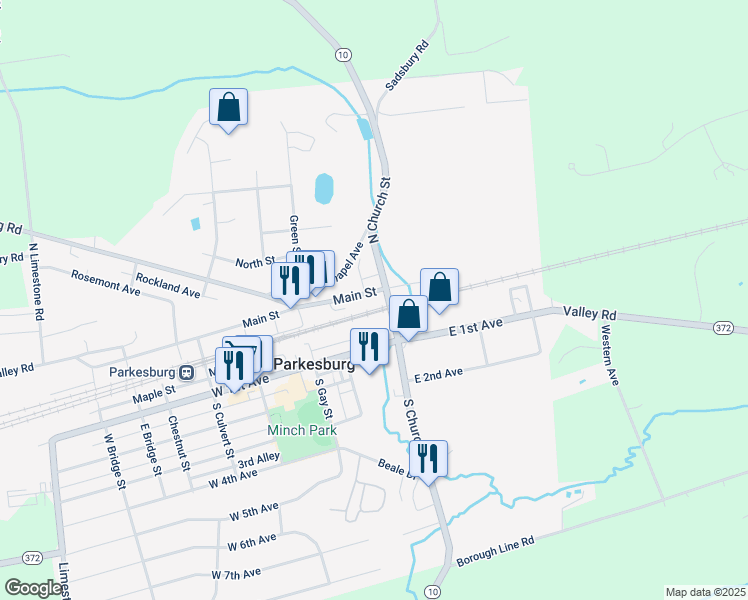 map of restaurants, bars, coffee shops, grocery stores, and more near 126 Main Street in Parkesburg