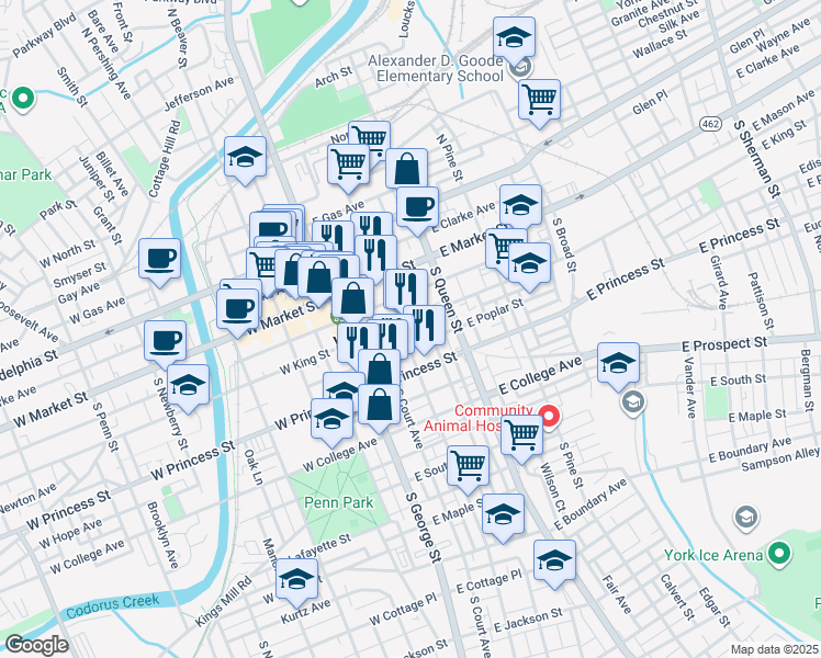 map of restaurants, bars, coffee shops, grocery stores, and more near 50 East King Street in York