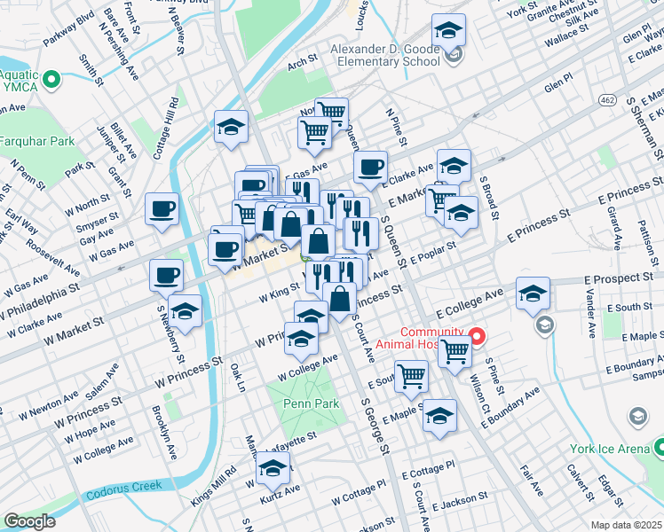 map of restaurants, bars, coffee shops, grocery stores, and more near in York
