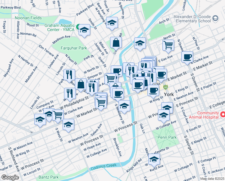 map of restaurants, bars, coffee shops, grocery stores, and more near 310 West Philadelphia Street in York