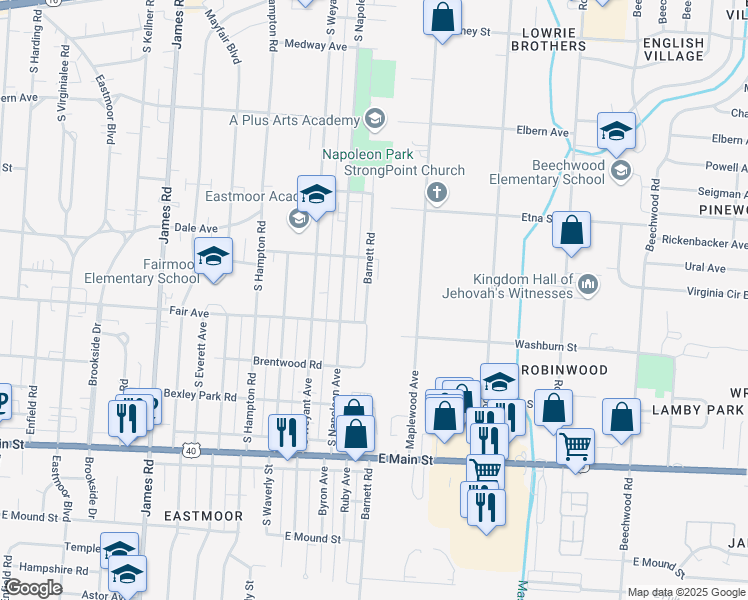 map of restaurants, bars, coffee shops, grocery stores, and more near 532 Barnett Road in Columbus