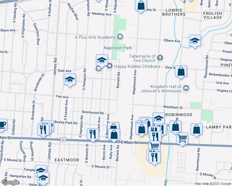 map of restaurants, bars, coffee shops, grocery stores, and more near 532 Barnett Road in Columbus