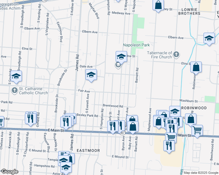 map of restaurants, bars, coffee shops, grocery stores, and more near 517 South Waverly Street in Columbus