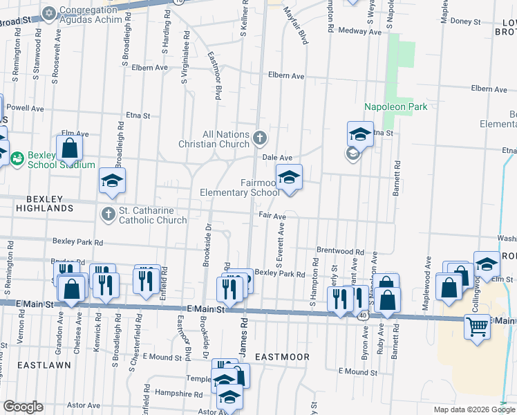 map of restaurants, bars, coffee shops, grocery stores, and more near in Columbus