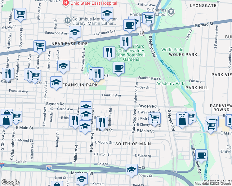 map of restaurants, bars, coffee shops, grocery stores, and more near 1636 Franklin Avenue in Columbus