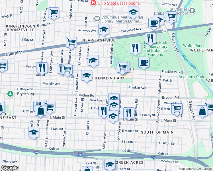 map of restaurants, bars, coffee shops, grocery stores, and more near 245 Miller Avenue in Columbus
