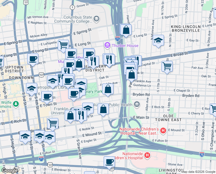 map of restaurants, bars, coffee shops, grocery stores, and more near 587 Franklin Avenue in Columbus